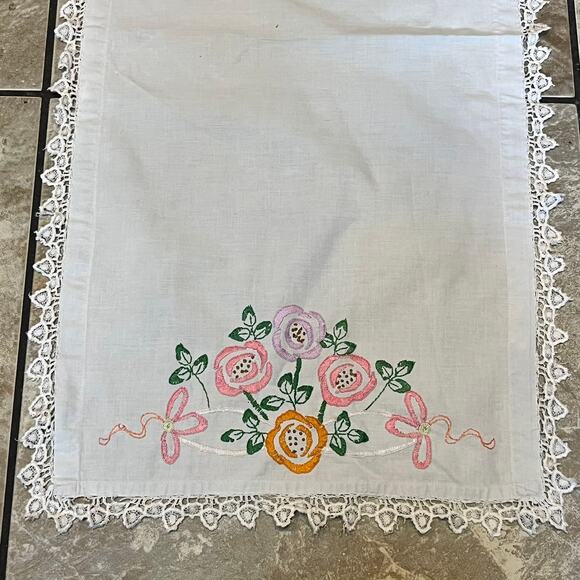Handmade Other - Vtg Embroidered Linen Table Runner Handmade Floral Lace Trim Cottagecore Decor